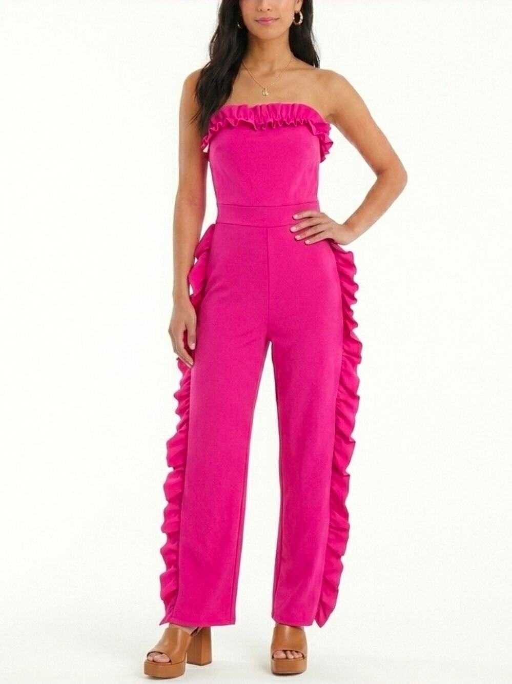 AKIRA Hot Pink Strapless Ruffle Jumpsuit
